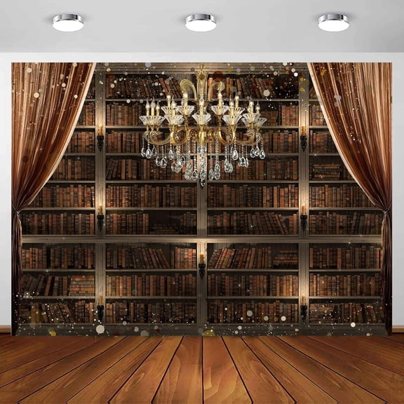 12 x 10 ft Bookshelf Photo Backdrop,Glitter Crystal Chandelier Library Bookcase Fabric Background Official Metting Video Wallpaper Event Banner Photography Photo Shoot Birthday Party Decoration