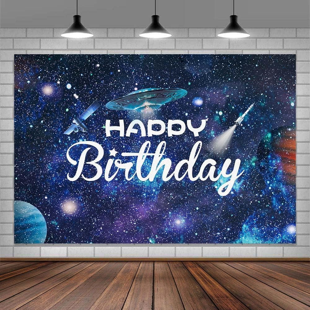 12 x 10 ft Happy Birthday Backdrop Glitter Outerspace Galaxy Kids Astronaut Spaceship Photography Fabric Background Universe Backdrop Banner for Baby Shower Birthday Party Photo Shoot Decoration