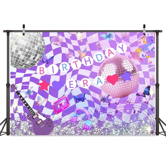 12 x 10 ft Purple Gradient Birthday Party Backdrop, Purple-Themed Music Glitter Disco Plaid Butterfly Birthday Party Photo Background Decorations for Vocalist Music Fans Lover Girl