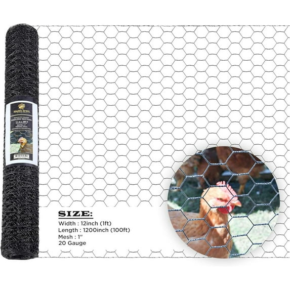 12” x 100 FT PVC Hexagonal Poultry Netting Chicken Wire | 1" Mesh | 20 Gauge | Black PVC Vinyl Coated | Rust Proof | for Garden, Fence, Chicken, Rabbit (PVC 12 x 100)