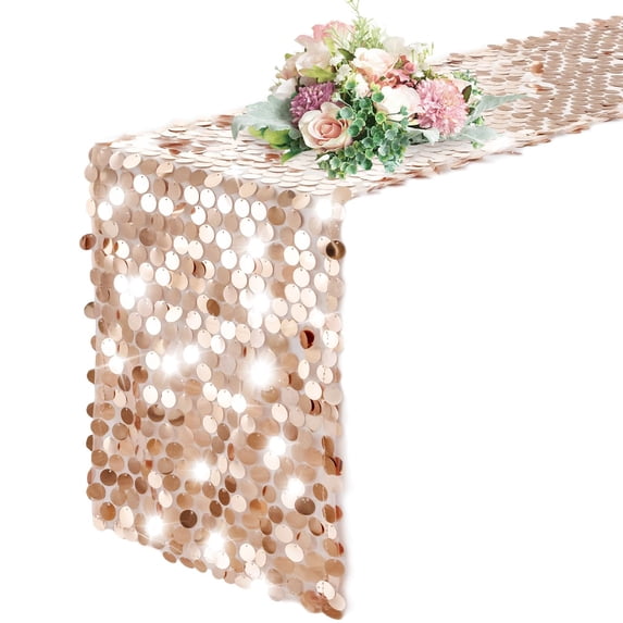 12 x 108 Inch Sequin Table Runner, Rose Gold Glitter Big Sequin Table Runner, Sparkle Rectangle Table Runner for Wedding Party, Birthday Party, Banquet Dining Table Center Decor