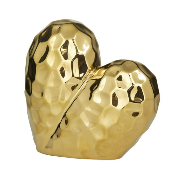 12" x 11" Gold Porcelain Ceramic Dimensional Origami Inspired Angled Heart Sculpture with Faceted Exterior, by DecMode