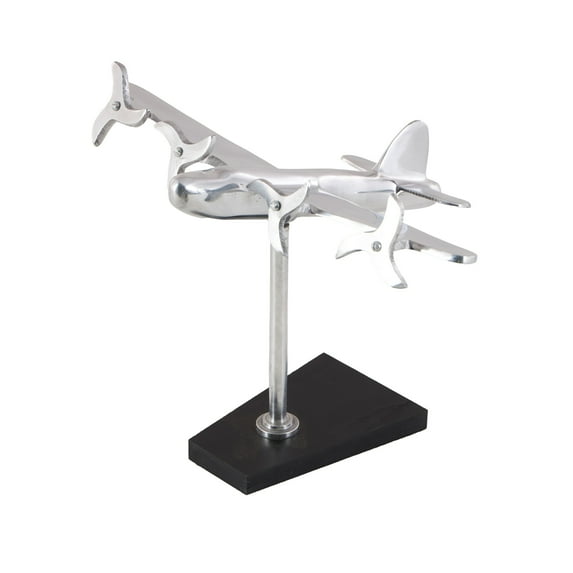 12" x 11" Silver Aluminum Metal Airplane Sculpture with Black Base, by DecMode