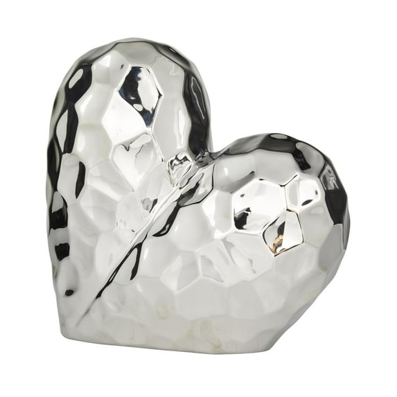 12" x 11" Silver Porcelain Ceramic Dimensional Angled Origami Inspired Heart Sculpture with Faceted Exterior, by DecMode