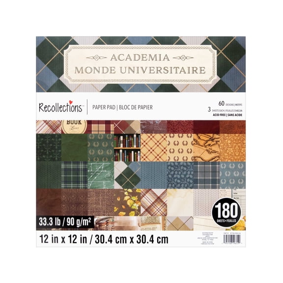 12" x 12" Academia Paper Pad by Recollections - Premium Scrapbook & Crafting Paper for DIY Projects - Card Making - & Decorative Arts - 180 Sheets