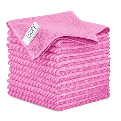 12" x 12" Buff Pro Multi-Surface Microfiber Cleaning Cloths | Pink - 12 Pack | Premium Microfiber Towels for Cleaning Glass, Kitchens, Bathrooms, Automotive