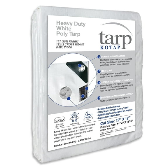 KOTAP 12 x 12 Ft. Heavy-Duty Protection/Coverage Tarp, Superior Weave, 8-mil, Multi-Use, Waterproof, White, TRW-1212
