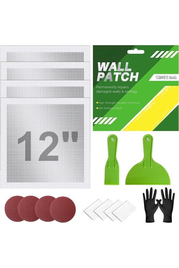 12 x 12 Inch Drywall Repair Kit - 4 count Large Drywall Patch for Wall & Ceiling Holes, Heavy-Duty Self-Adhesive Mesh, Includes Plastic Drop Cloths, Scrapers, Sandpaper & Gloves - Quick Fix