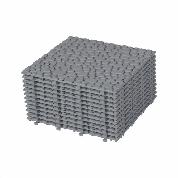 12 x 12 Inch Gray Interlocking Deck Tiles Plastic Waterproof Outdoor All Weather Anti-slip Bathroom Shower Balcony Porch Strong , Pebble Stone Pattern Pack of 12