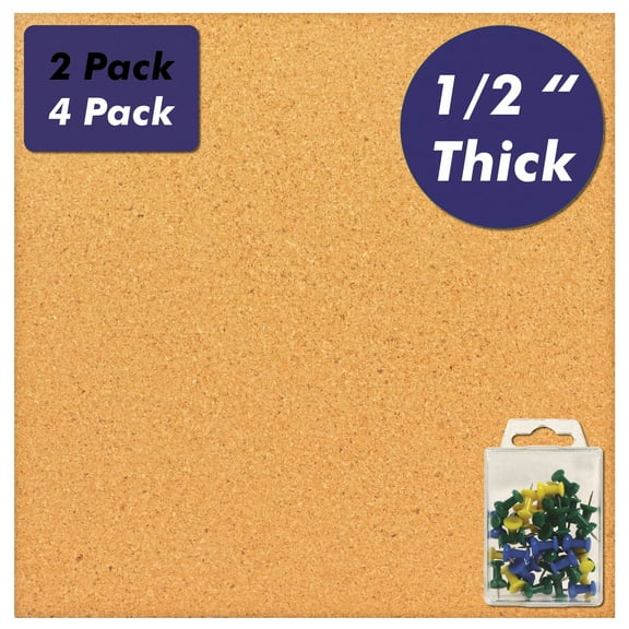 12 x 12 Inch Square Cork Board Tiles with Self Adhesive Backing, 1/2 Inch Thick, Mini Wall Bulletin Boards for Notes, Photos, 4 Pack with 40 Push Pins