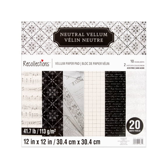 12" x 12" Neutral Vellum Paper Pad by Recollections - 20 Sheets - Soft-Toned Prints for Scrapbooking - Card Making - DIY Crafts & Decor - 20 Sheets