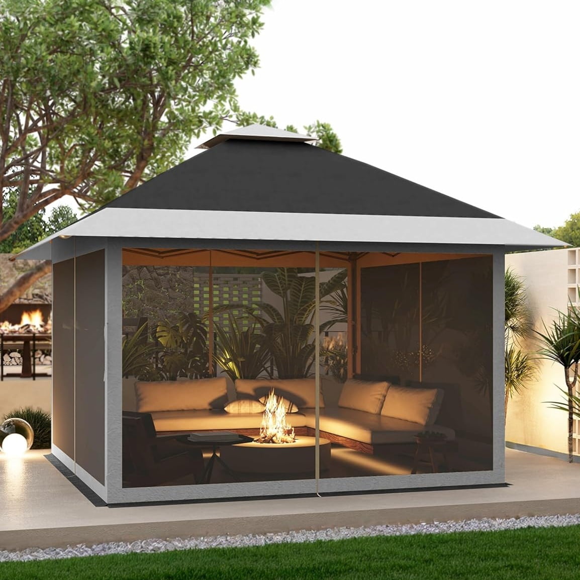 12' x 12' Outdoor Gazebo Shelter, Pop Up Heavy Duty Double Roof Patio Gazebo with Netting and Curtains, Outdoor Patio Canopy for Lawn, Garden, Backyard, Deck