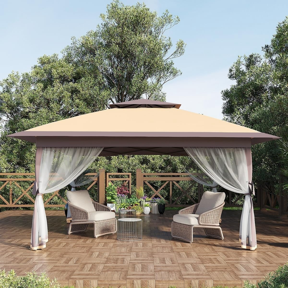 12' x 12' Outdoor Gazebo Shelter, Pop Up Heavy Duty Double Roof Patio Gazebo with Netting and Curtains, Outdoor Patio Canopy for Lawn, Garden, Backyard, Deck