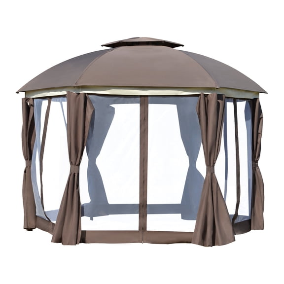 12' x 12' Round Outdoor Gazebo, Patio Dome Gazebo Canopy Shelter with Double Roof, Netting Sidewalls and Curtains, Zippered Doors, Strong Steel Frame, Brown