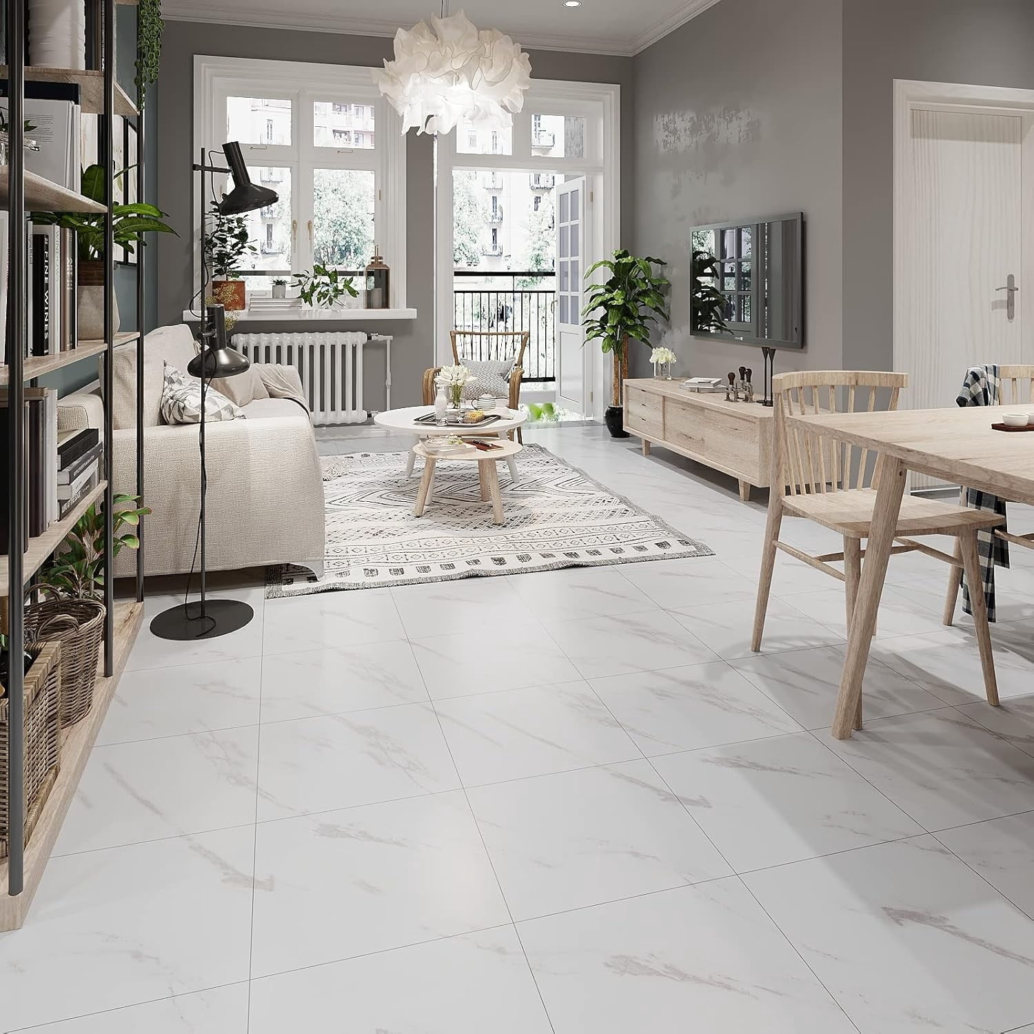 12'' x 12'' Vinyl Floor Tiles - Peel and Stick White Marble Flooring - Self Adhesive, Waterproof Sticker Tiles - Decorative for Bathroom, Bedroom, Kitchen, Walls, Basement - 24 Pack