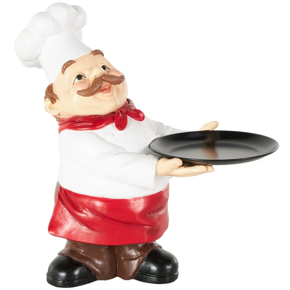 12" x 12" White Polystone Kitchen Decorative Figurine Chef Sculpture with Black Tray, by DecMode