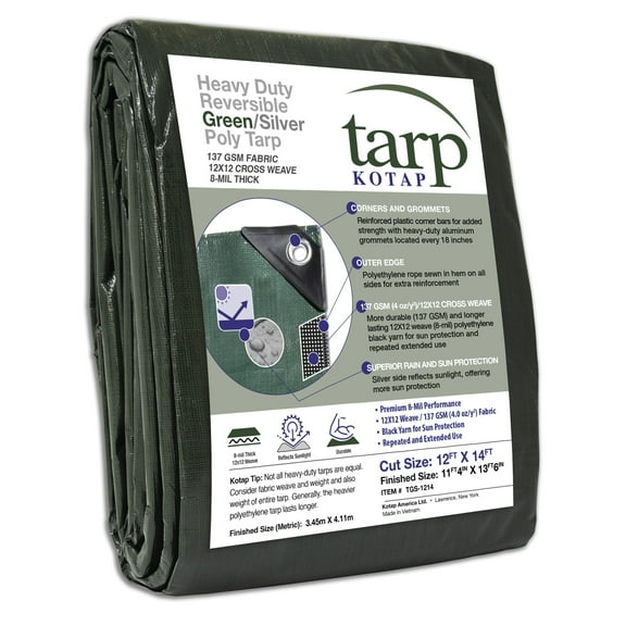 12 x 14 Ft. Heavy-Duty Protection/Coverage Tarp, 8-mil, Reversible, Waterproof, Green-Silver, TGS-1214