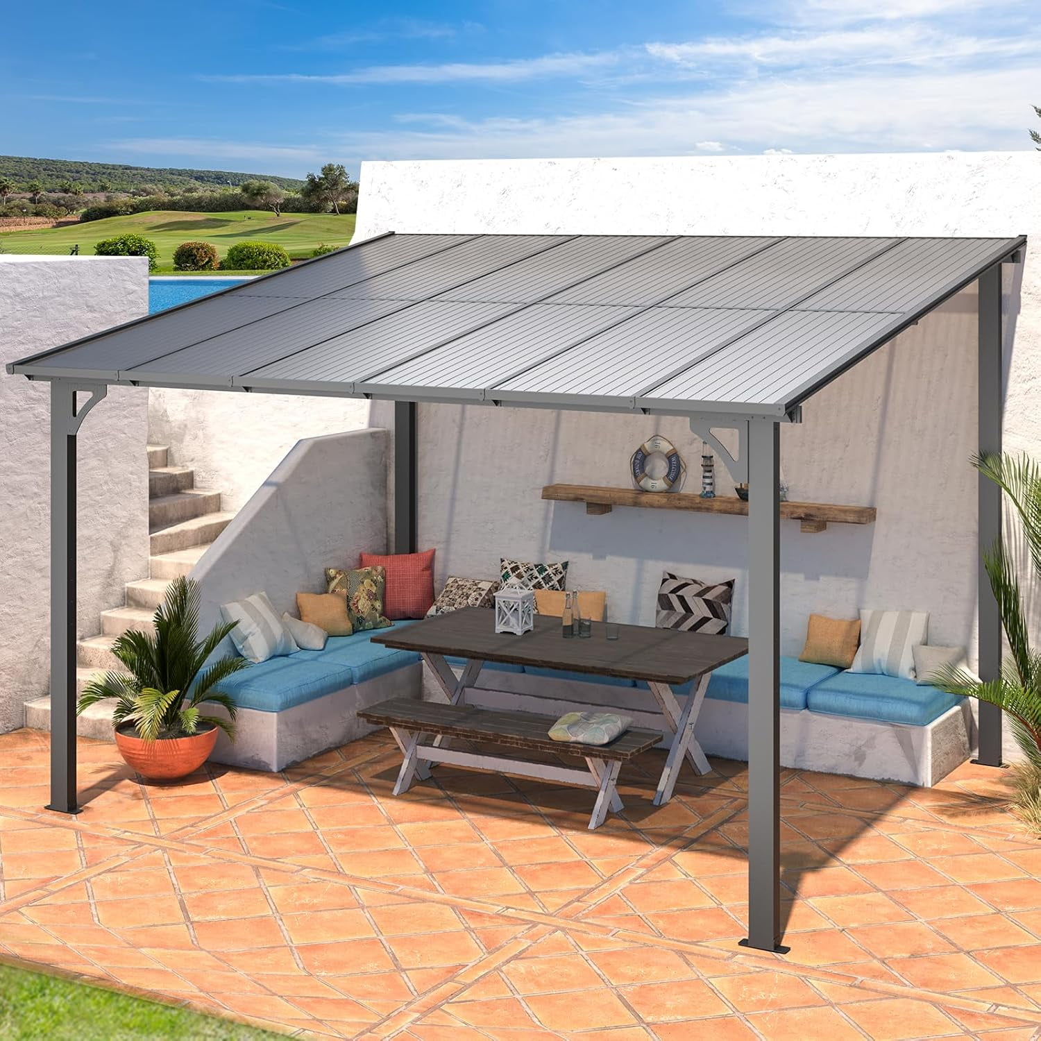 12' x 14' Outdoor Pergola Gazebo, Wall-Mounted Lean to Metal Awnings  Gazebos on Clearance for Patio, Large Panel Roof Pergolas and Gazebo for  Outdoor ..., image size:1500x1500