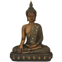 12" x 15" Brown Polystone Meditating Buddha Sculpture with Engraved Carvings and Relief Detailing, by DecMode