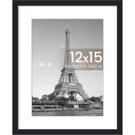 12 x 15 Frame, Display Pictures 9x12 with Mat or 12x15 Without, Wall Hanging Photo Frame, Black, 1 Pack