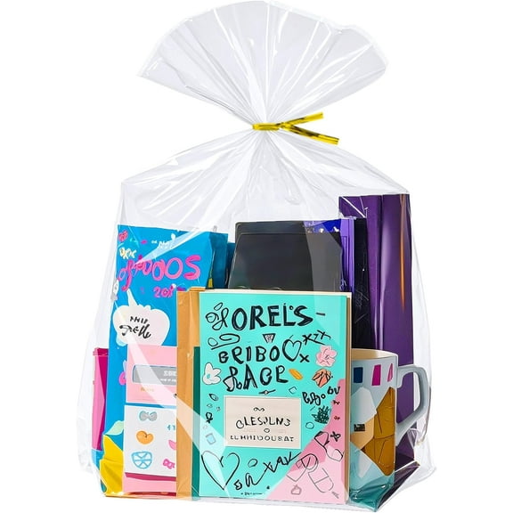 12"x 16", 100Pcs Bottom Gusset Bags, Clear Plastic Cellophane Mug Treat Goodie Gift Bags with 100x Twist Ties, Large Party Favor Packaging, Toy Wrapping (No Side Gusset)