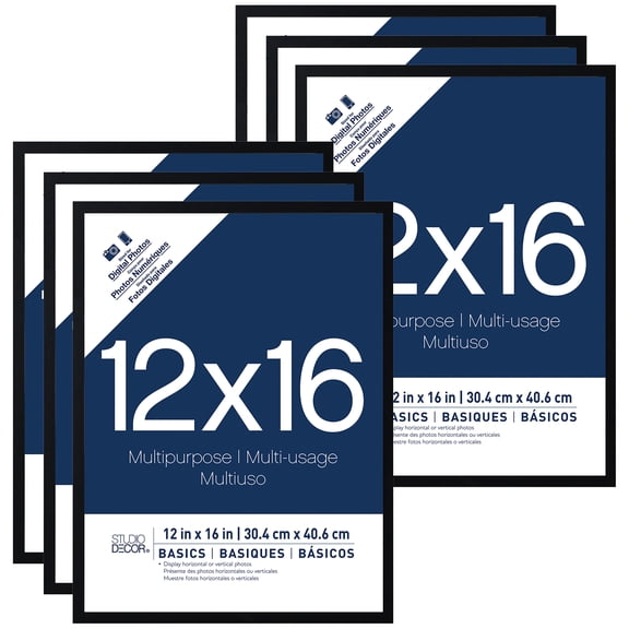 Studio Decor 12" x 16" Black Multipurpose Frames - Simple PVC & Glass Picture Frames for Photos, Certificates & Art, Wall or Tabletop Display, 6 Pack