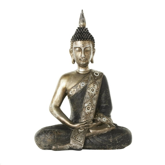 12" x 16" Brass Polystone Meditating Buddha Sculpture with Engraved Carvings and Relief Detailing, by DecMode