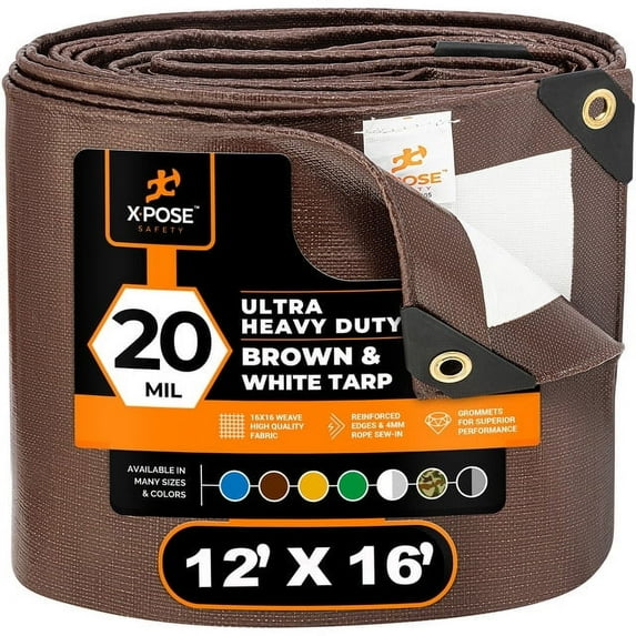12' x 16' Brown/White Ultra Heavy Duty Tarp - 20 Mil Tarps Heavy Duty Waterproof 12x16 - Extra Large Outdoor Tarp, Waterproof Tarp Cover for Rain Camping, Tent Tarp, UV Protection, Reinforced Corners