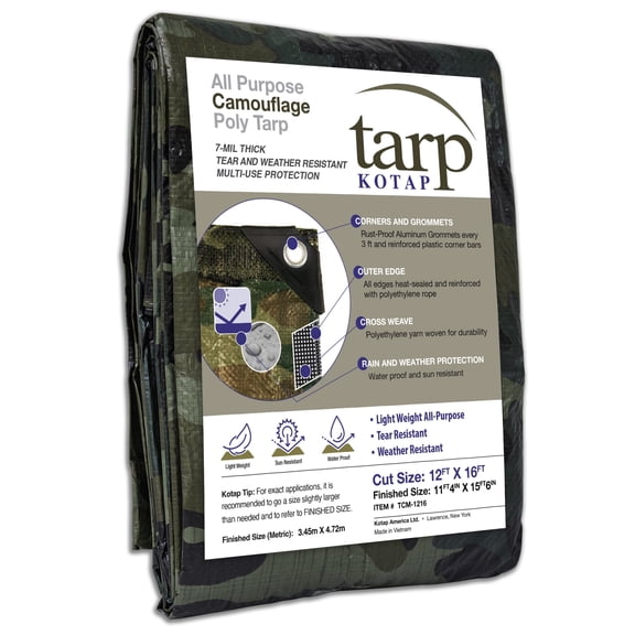 KOTAP 12 x 16 Ft. All-Purpose 7-mil Poly Tarp, Camouflage, Waterproof, Green/Black, TCM-1216