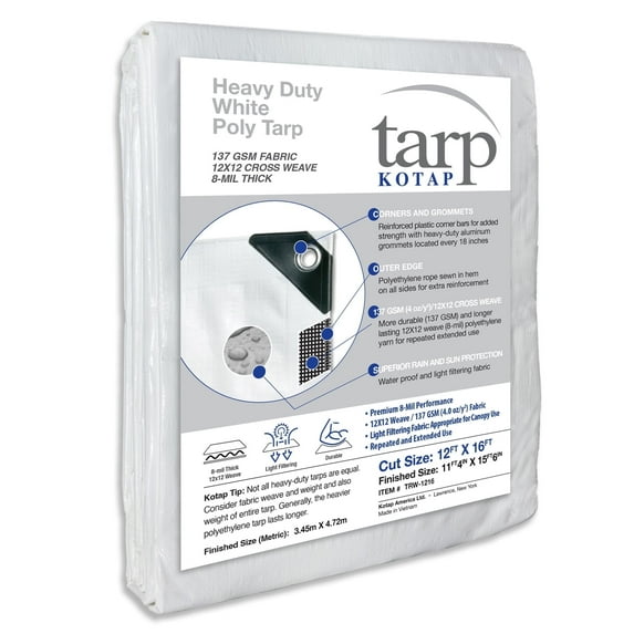KOTAP 12 x 16 Ft. Heavy-Duty Protection/Coverage Tarp, Superior Weave, 8-mil, Multi-Use, Waterproof, White, TRW-1216