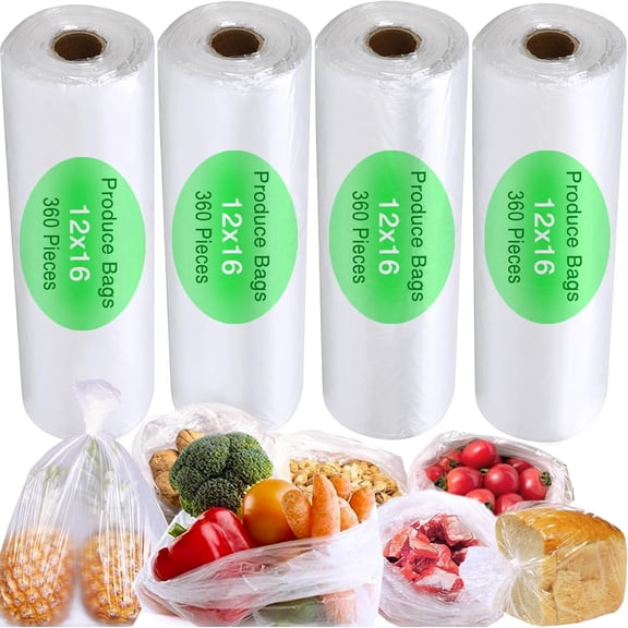 12" x 16" Plastic Produce Bags Roll, Fresh-Keeping Disposable Food Storage, Clear Plastic Bags for Food, Bread, Refrigerator Storage, Kitchen, Supermarket, 1400 (4 rolls x350)