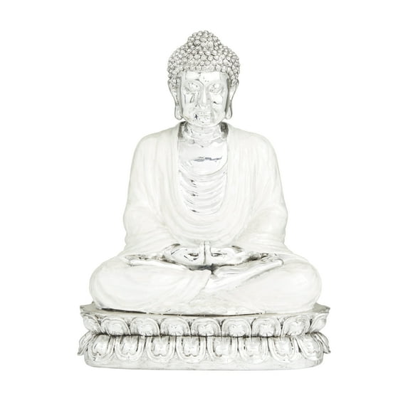 12" x 16" Silver Polystone Meditating Buddha Sculpture with Engraved Carvings and Relief Detailing, by DecMode