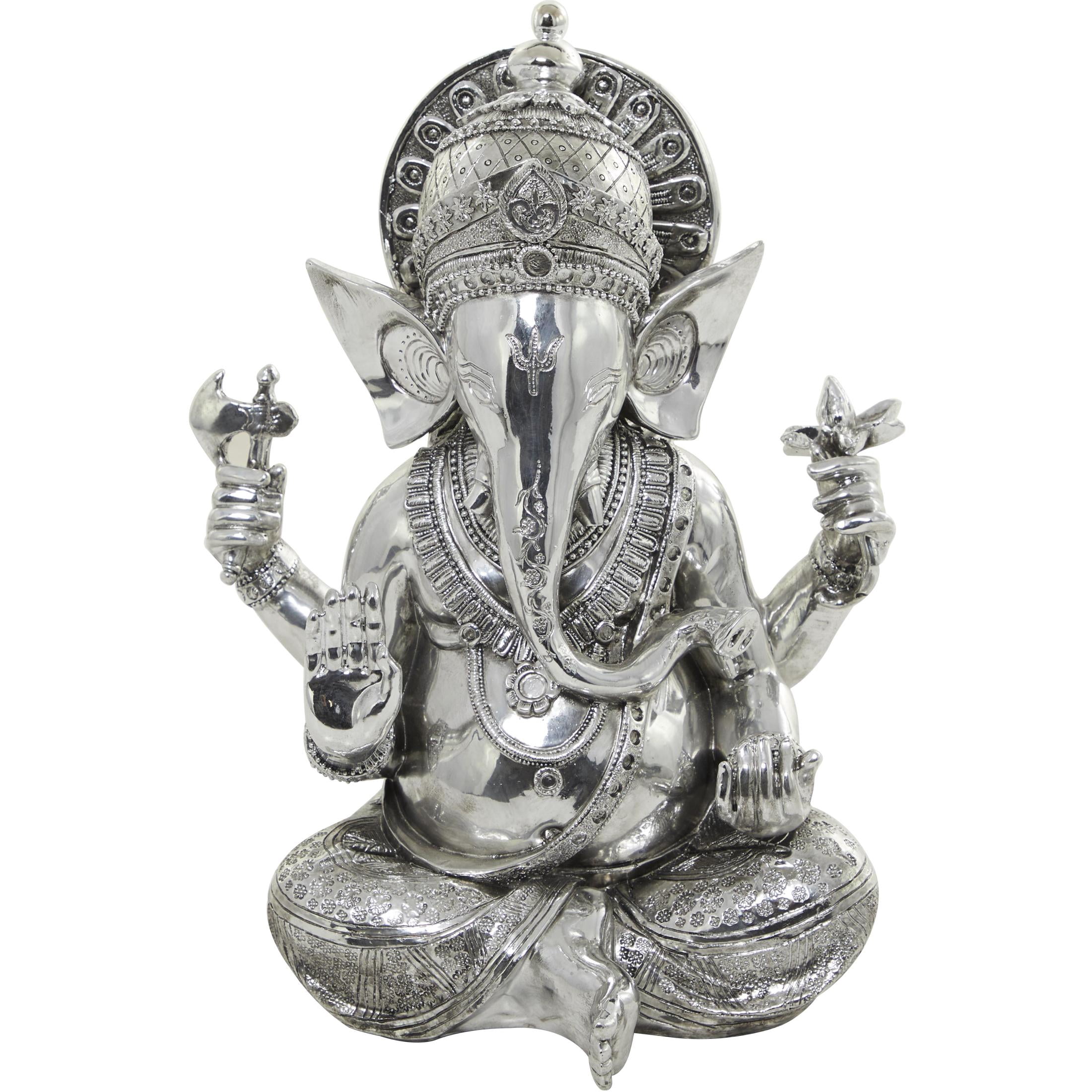 12" x 16" Silver Polystone Meditating Ganesh Sculpture with Engraved Carvings, by DecMode