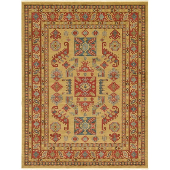 12' x 16' Tan Brown and Red Floral Rectangular Area Throw Rug