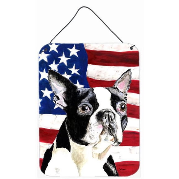 12 x 16 in. USA American Flag With Boston Terrier Aluminium Metal Wall Or Door Hanging Prints
