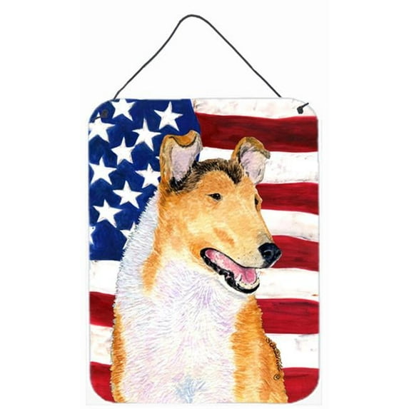 12 x 16 in. USA American Flag With Collie Smooth Aluminum Metal Wall & Door Hanging Prints