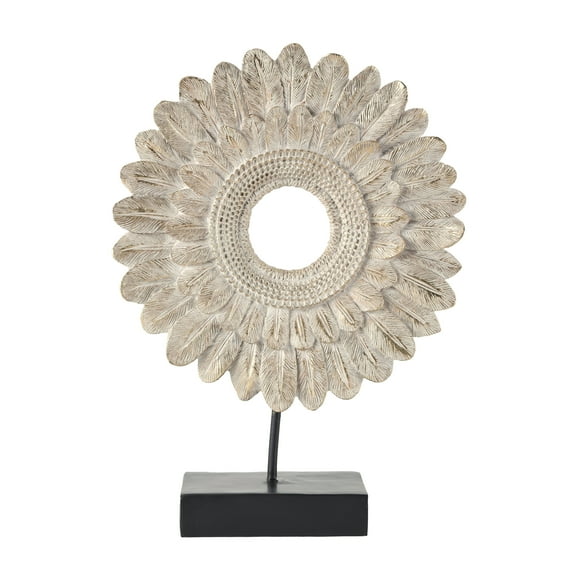 12" x 17" Cream Resin Feather Ring Bird Sculpture with Black Stand, by DecMode