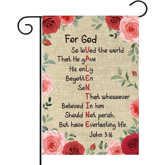 12 x 18 Inch Double Sided Rose Red 2 Flag John 3:16 Oh How He Loves Us Valentine Christian Burlap Rose Outdoor Decor