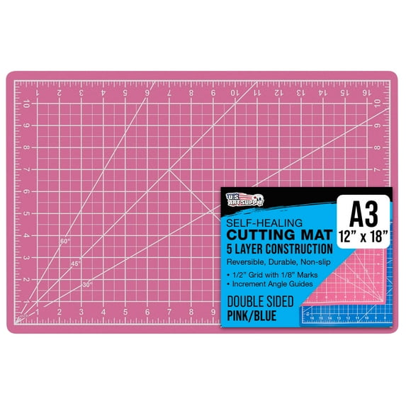U.S. Art Supply 12" x 18" Self-Healing Cutting Mat 5-Ply - Double-Sided Pink/Blue Craft Mat, Non-Slip Cutting Mats for Crafts, Sewing, Quilting, Scrapbooking