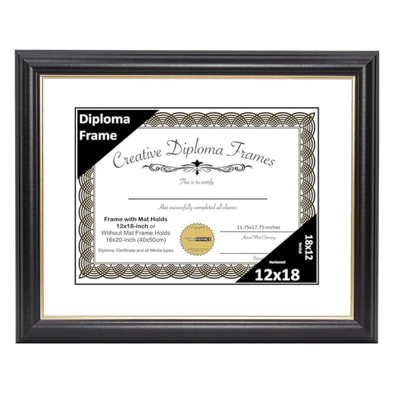 12" x 18" Rockefeller Black with Rim Diploma Frame, Displays 12" x 18" Certificate or 16" x 20" Document without Mat, Degree Frame, Full-Strength Glass, White Mat