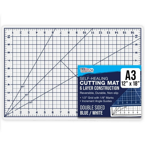 U.S. Art Supply 12" x 18" Self-Healing Cutting Mat 5-Ply - Double-Sided White/Blue Craft Mat, Non-Slip Cutting Mats for Crafts, Sewing, Quilting, Scrapbooking