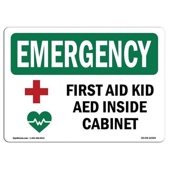 12 x 18 in. OSHA Emergency Sign - First Aid Kit Aed Inside Cabinet with Symbol