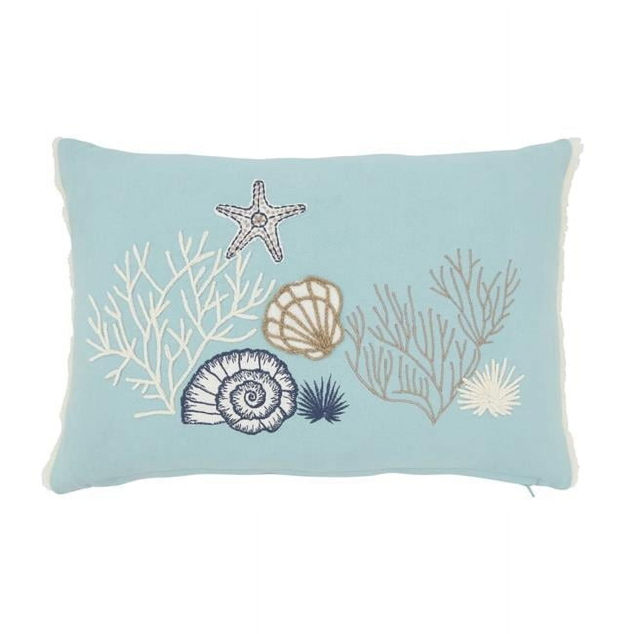Blue Cotton Seashell Embroidered Throw Pillow Cover 12"x18"
