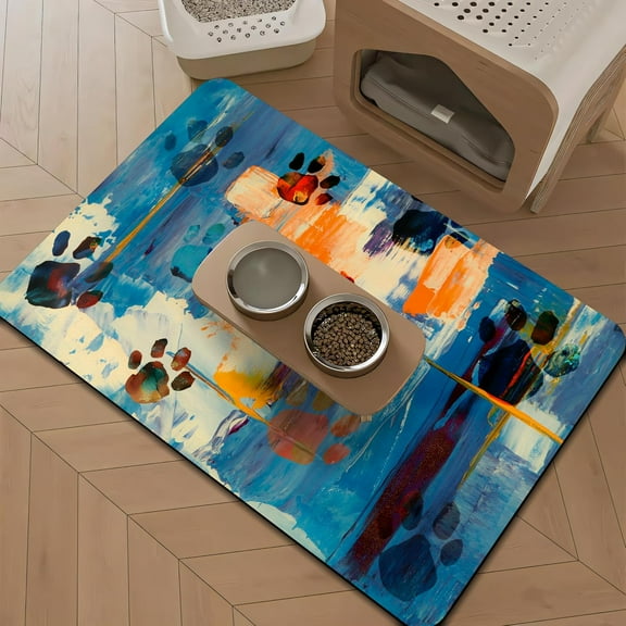 12"x 19" - Small Dog Feeding Mat, Absorbent Mats for Dog Food and Water Bowl, Pet Placemat for Dogs, Cats, Puppy Accessories - (Paw Prints on Colorful)