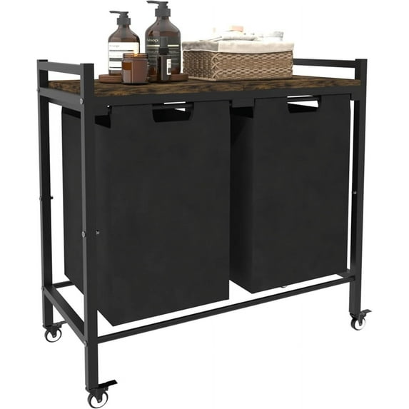 12 x 2 Gal Large Laundry Hamper with Wheels, 2 Pull-Out & Removable Sorter Bags, Freestanding Clothes Basket Organizer for Clothing or Toys in Bathroom and Living Room, Rustic Brown and Black