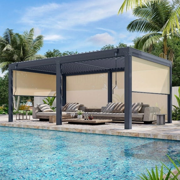 12 x 20 FT Louvered Pergola with 6-Panel Pull-Down Privacy Screen, Hardtop Rainproof Pergola with Adjustable Roof for Patio, Lawn & Garden