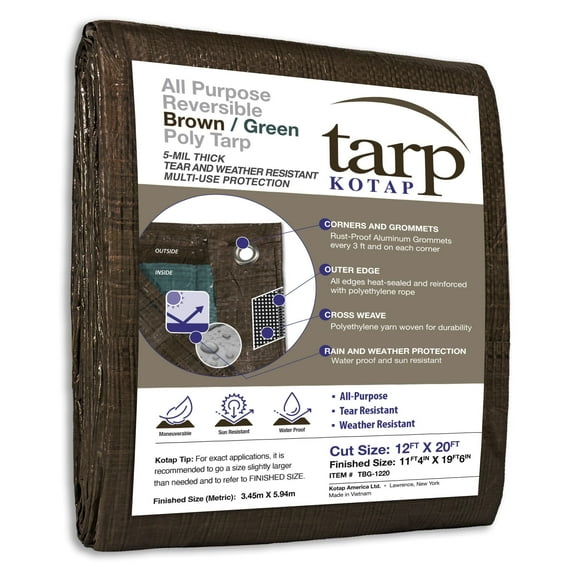 KOTAP 12 x 20 Ft. All-Purpose Protection/Coverage 5-mil Poly Tarp, Reversible, Waterproof, Brown/Green, TBG-1220