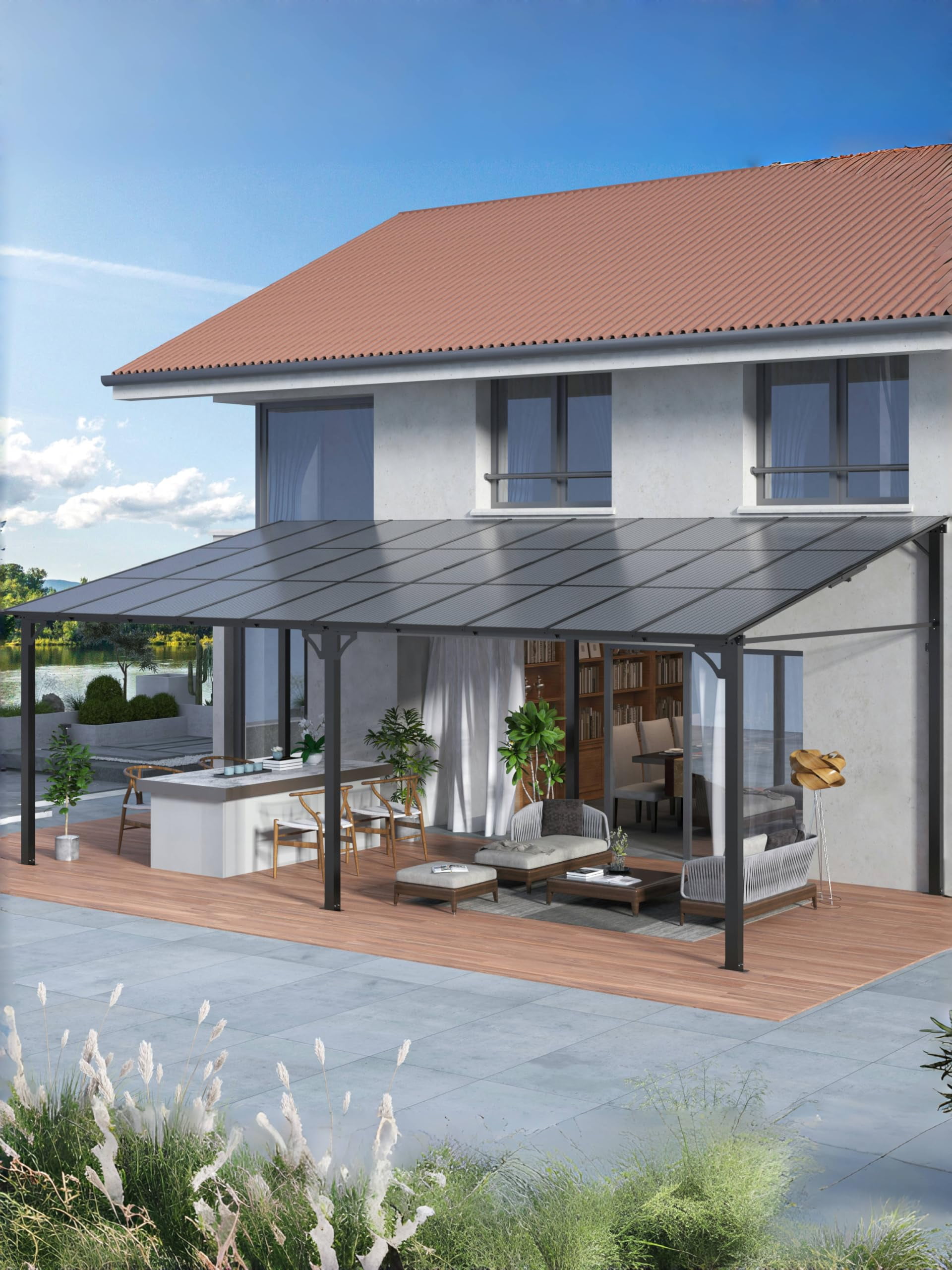 12’ x 20’ Gazebo, Wall Mounted Gazebos Pergola, Aluminum Frame, Outdoor Patio Lean to Gazebo Awnings for Deck, Porch, Backyard and More