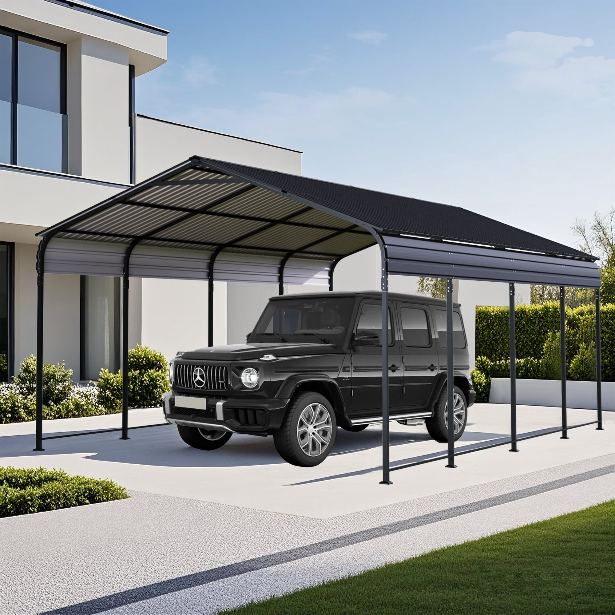 12' x 20' Heavy Duty Metal Carport, Galvanized Steel Roof Car Port with Vertical Drainage System, All-Weather Vehicle Shelter for Cars, Trucks & Boats, Reinforced Base, Gray