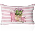 thumbnail image 1 of 12 x 20 Inch Spring Summer Pillow Cover - Pink Garden Floral Tulips and Watering Can Design on Striped Background, Spring Decorative Cushion Case for Home and Patio, 1 of 6